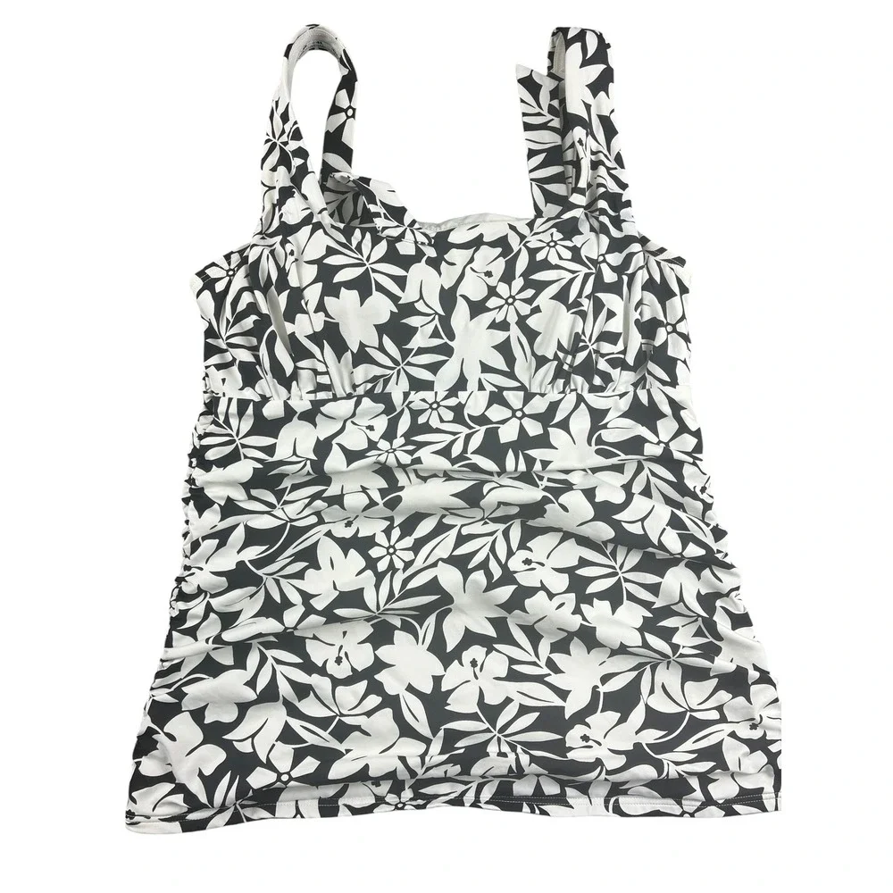 Black‎ and White Floral Hibiscus Tankini Swim Top Square Neck Ruched Sides